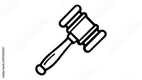 Minimalist black and white vector icon illustration of a judge's gavel or auction mallet, symbolizing law, justice, and legal authority in a clean line art style for professional web design.