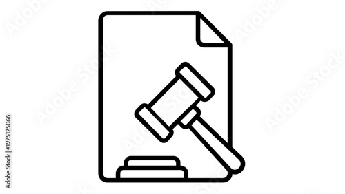 Legal justice vector icon illustration featuring a judge's gavel and document paper. Minimalist black line art symbol for courtroom, law, legislation, auction, and judicial system concepts.