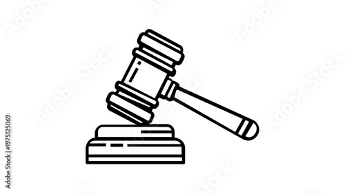 Minimalist judge's gavel and sound block vector icon illustration for legal justice, law, court, and auction concepts. Scalable black line art design, AI-generated graphic for professional use.