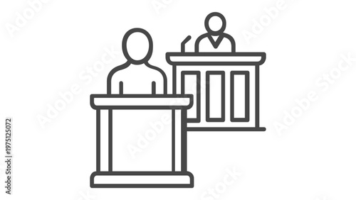 Witness Stand and Judge Bench Line Icon Illustration, Minimalist Vector Graphic Representing Courtroom Proceedings, Legal Justice, Testimony, Law, Trial, and Judicial System Symbol