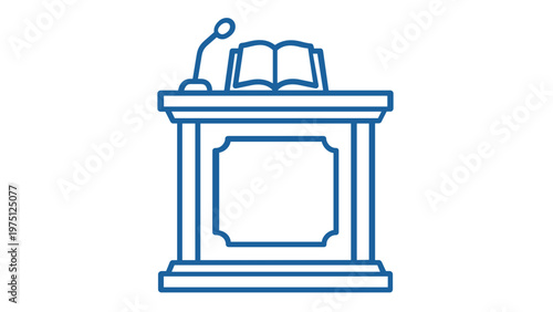 Blue line icon illustration of a witness stand in a courtroom with a microphone and open book, symbolizing legal testimony, justice, law, and court proceedings, minimalist scalable vector art.