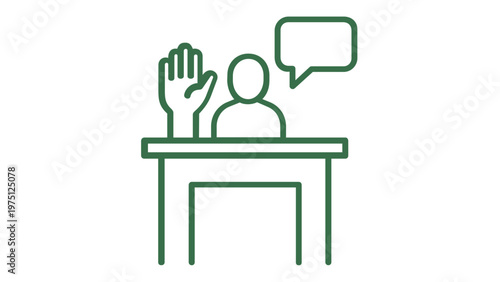 Witness stand vector icon illustration featuring a person testifying in court with a raised hand and speech bubble, representing legal justice, truth, and courtroom testimony in a flat style.