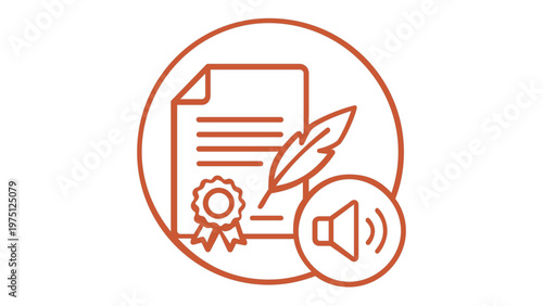 Legal testimony vector icon illustration with a document, seal, quill pen, and speaker symbol, representing oral evidence, court statements, and official documentation in a minimalist line style.