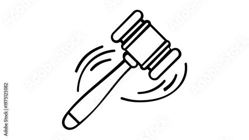 Professional minimalist black and white vector icon illustration of a judge's gavel in motion, representing legal justice, law, court proceedings, and auction sales for business designs.