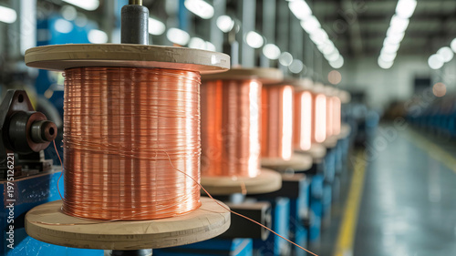 Closeup of shiny copper wire spools on metal reels in an industrial factory for electrical cable manufacturing and production