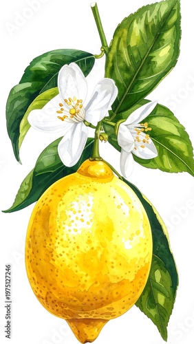A vibrant watercolor illustration featuring a ripe lemon fruit, delicate white blossoms, and verdant leaves against white