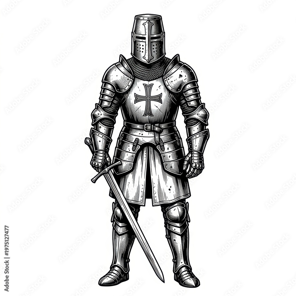 Fototapeta premium Medieval Knight in Full Plate Armor with Cross on Helmet, Scratchboard Engraving Illustration