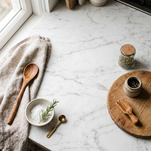 Neutral Cozy Kitchen Background, Minimal Flat Lay Mockup with Natural Light and Copy Space