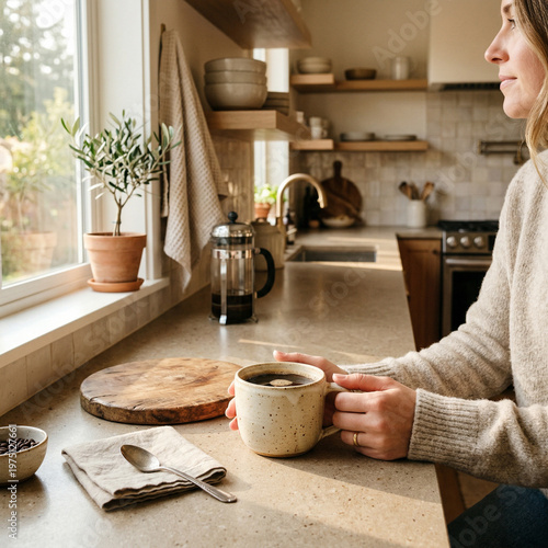 Neutral Cozy Kitchen Background, Minimal Flat Lay Mockup with Natural Light and Copy Space