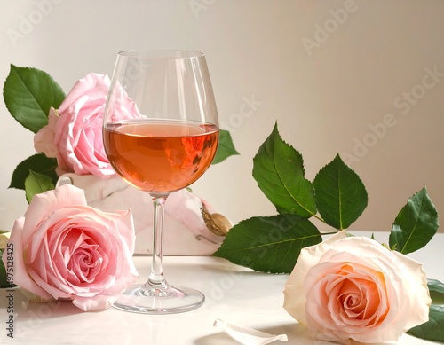 A wine glass, filled with a pink liquid, sits surrounded by roses and green leaves on a white surface, with soft light