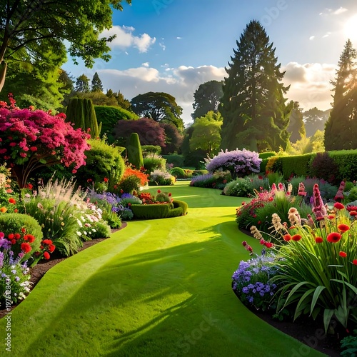 A vibrant, sunny garden path winds through blooming flowers and lush greenery, bathed in warm sunlight. The lawn is manicured
