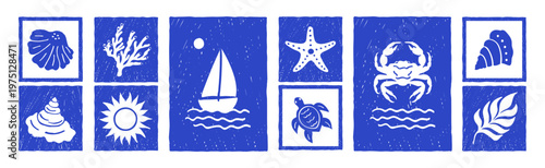 Summer ocean-themed vector stamp set: shells, coral, sun, sailboat, starfish, crab, turtle, and seaweed. Doodle hand-drawn sea vacation mosaic print, blue coastal sticker set, marine icon.Summer print