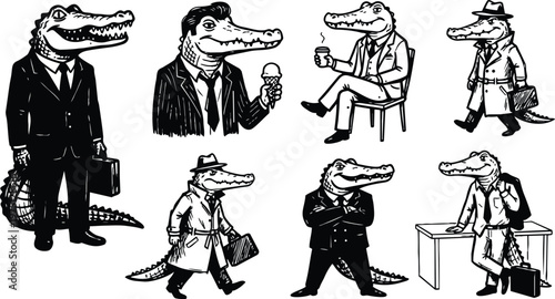 Black and white line art alligator in suit holding ice cream coffee and briefcase multiple poses