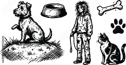 Black and white sketch of shaggy dog sitting and cat with person holding leash
