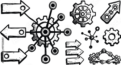 Hand drawn black and white gears arrows chain radial hub vector art