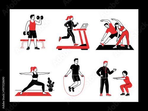Fitness exercise illustration set: men and women doing gym workouts in flat vector style.