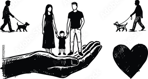 Black and white line art hand holding family with child and heart and dog walkers