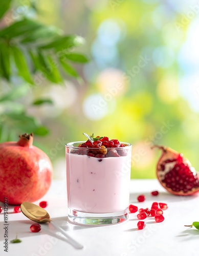 A vibrant shot of a fruit-infused yogurt parfait with pomegranate seeds, and the fruit itself. Light background