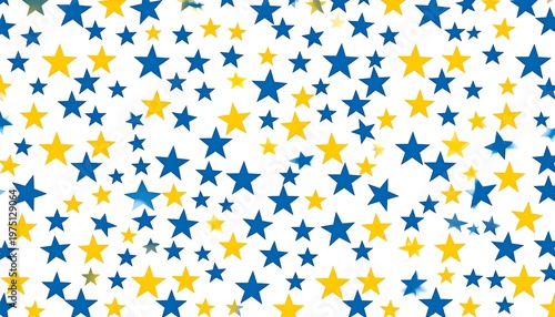 A white background is covered in many blue and yellow star shapes of various sizes, creating a festive appearance