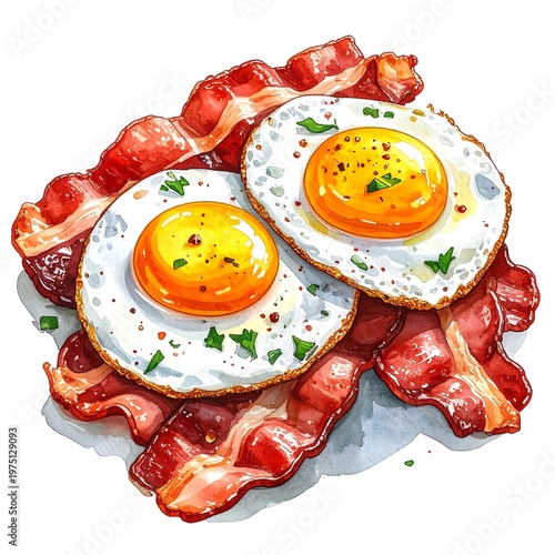 A vibrant watercolor illustration of a breakfast platter featuring crispy bacon and two sunny-side-up eggs. It is a close-up on a white backdrop