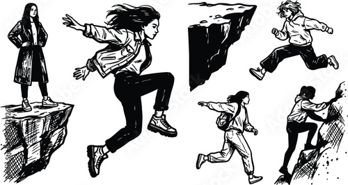 Black and white jump and climb scenes featuring women leaping across cliffs in line art