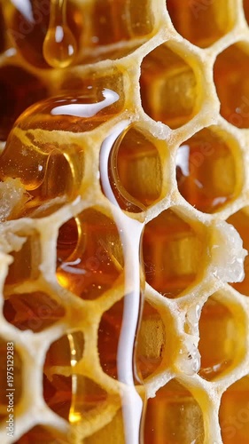 Golden organic honey dripping down hexagonal wax honeycomb cells with bright glistening liquid texture in macro closeup