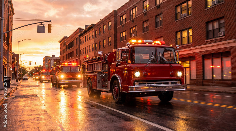 Fototapeta premium Convoy of Red Fire Trucks Drive Along a Wet City Street During a Golden Sunset