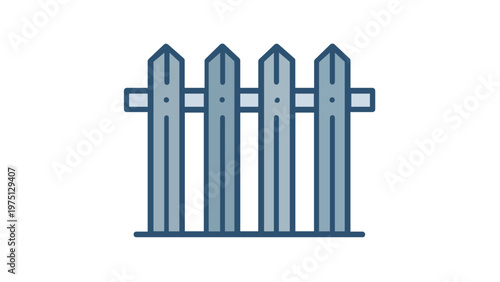 Minimalist blue vector icon illustration of a wooden picket fence for garden boundary, backyard security, and agriculture farming concepts, scalable flat line art design on white background.