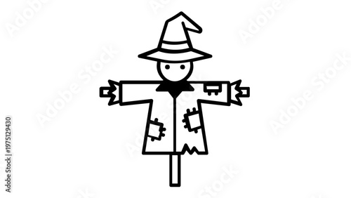 Scarecrow Vector Icon Illustration: Minimalist Black and White Line Art of a Traditional Farm Scarecrow with a Pointy Hat and Patched Coat, Ideal for Agriculture, Harvest, and Autumn Design Projects.