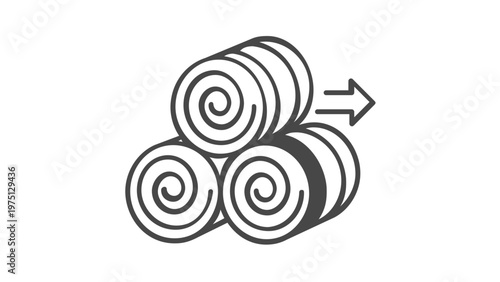 Minimalist vector icon illustration of stacked round hay bales with an arrow, representing agricultural harvest, fodder storage, livestock feed transport, and farming industry supply logistics.