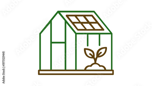 Eco-friendly greenhouse vector icon illustration with solar panels and a growing plant sprout, representing sustainable agriculture, modern farming technology, and renewable energy solutions.