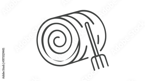 Minimalist Agriculture and Farming Vector Icon Illustration Featuring a Round Hay Bale and Pitchfork. Clean Line Art Design for Harvest, Rural Life, Gardening, and Agricultural Concepts. Scalable.