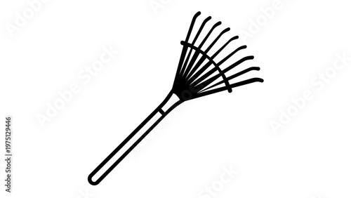 Minimalist black line vector icon of a garden leaf rake tool for yard work and landscaping. Scalable AI-generated illustration of an agricultural farming implement for grass and debris cleanup.