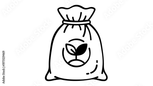 Minimalist vector icon illustration of a sack of seeds or fertilizer for agriculture and farming, featuring a clean line art design of a burlap bag with a leaf sprout symbol for gardening.