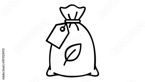 Minimalist vector icon illustration of an organic seed sack or fertilizer bag featuring a leaf symbol and price tag, ideal for agriculture, farming, eco-friendly gardening, and sustainable food.