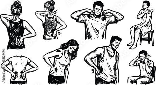 Black and white line art people with neck and lower back pain in various poses