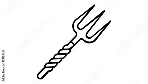 Professional vector icon illustration of a pitchfork or trident, a classic farming and gardening tool for agriculture, featuring sharp tines and a twisted handle, minimalist line art style.