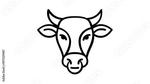 Minimalist vector icon illustration of a bull or cow head with horns and a nose ring. Clean black line art for agriculture, farming, livestock, and dairy industry branding. AI-generated.