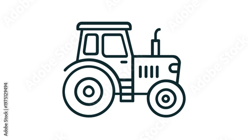 Minimalist vector icon illustration of a farm tractor for agriculture and industrial farming concepts, featuring a clean line art design of a heavy machinery vehicle for rural work.