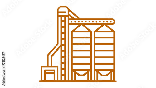 Minimalist brown line art vector icon illustration of an industrial grain silo and elevator system, perfect for agricultural storage, farm harvest, and food production industry concepts.