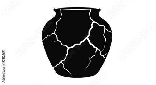 Black ceramic vase with fractured lines depicted as a striking silhouette against a white background