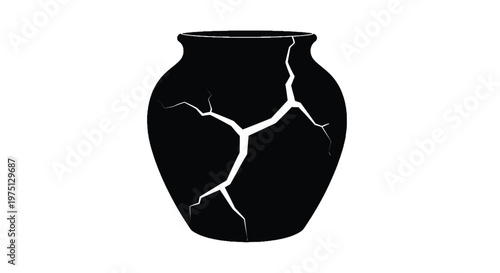 Black ceramic vase silhouette with striking white crack patterns against a stark white background