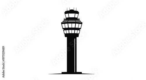 Tall airport control tower stands prominently against a stark white background silhouette