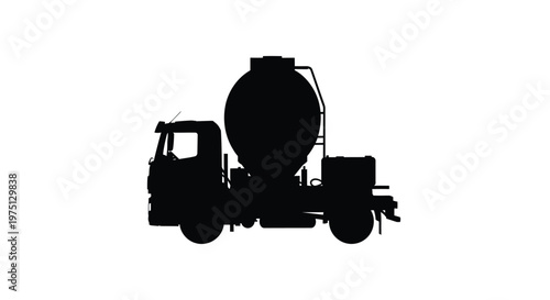 Black silhouette of a concrete mixer truck against a stark white background detailed form