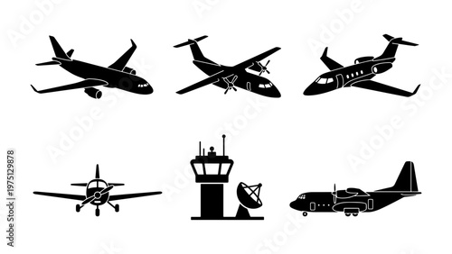 Aviation silhouette icons set, commercial airplane and private jet vector graphics, airport control tower and radar symbols for travel design