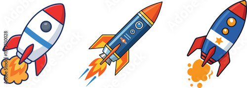 Colorful cartoon rocket icons set, vector illustration, EPS format, playful space-themed design.