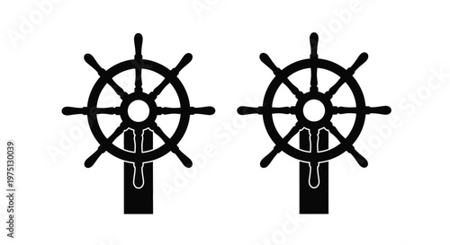Two symmetrical ship steering wheels depicted in a striking black silhouette against a white background
