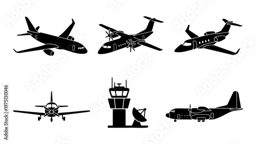 Aviation silhouette vector set with commercial airplanes and control tower, black aircraft icons for travel and logistics, flight transport collection