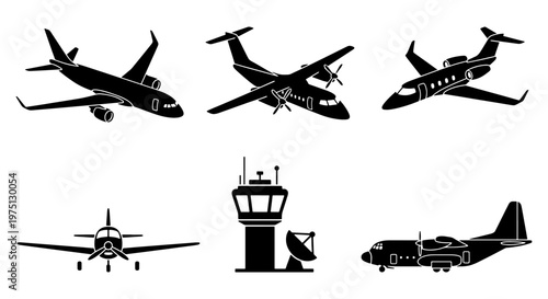 Aviation silhouette set with commercial airplanes and airport control tower, black aircraft icons for flight tracking and travel logistics, 6 vector elements