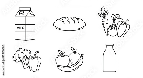 A minimalist vector graphic illustration of various grocery items including milk, bread, vegetables, and fruits.
